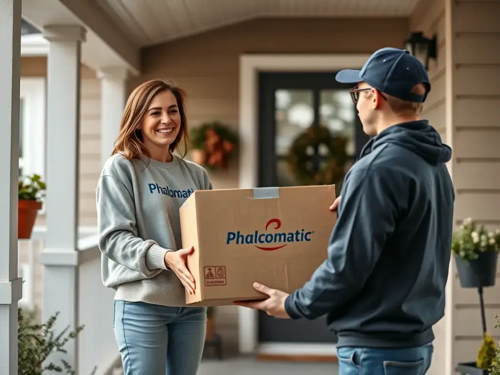 A customer happily receiving a Phalcomatic package at their doorstep, highlighting the satisfaction of fast and reliable delivery.