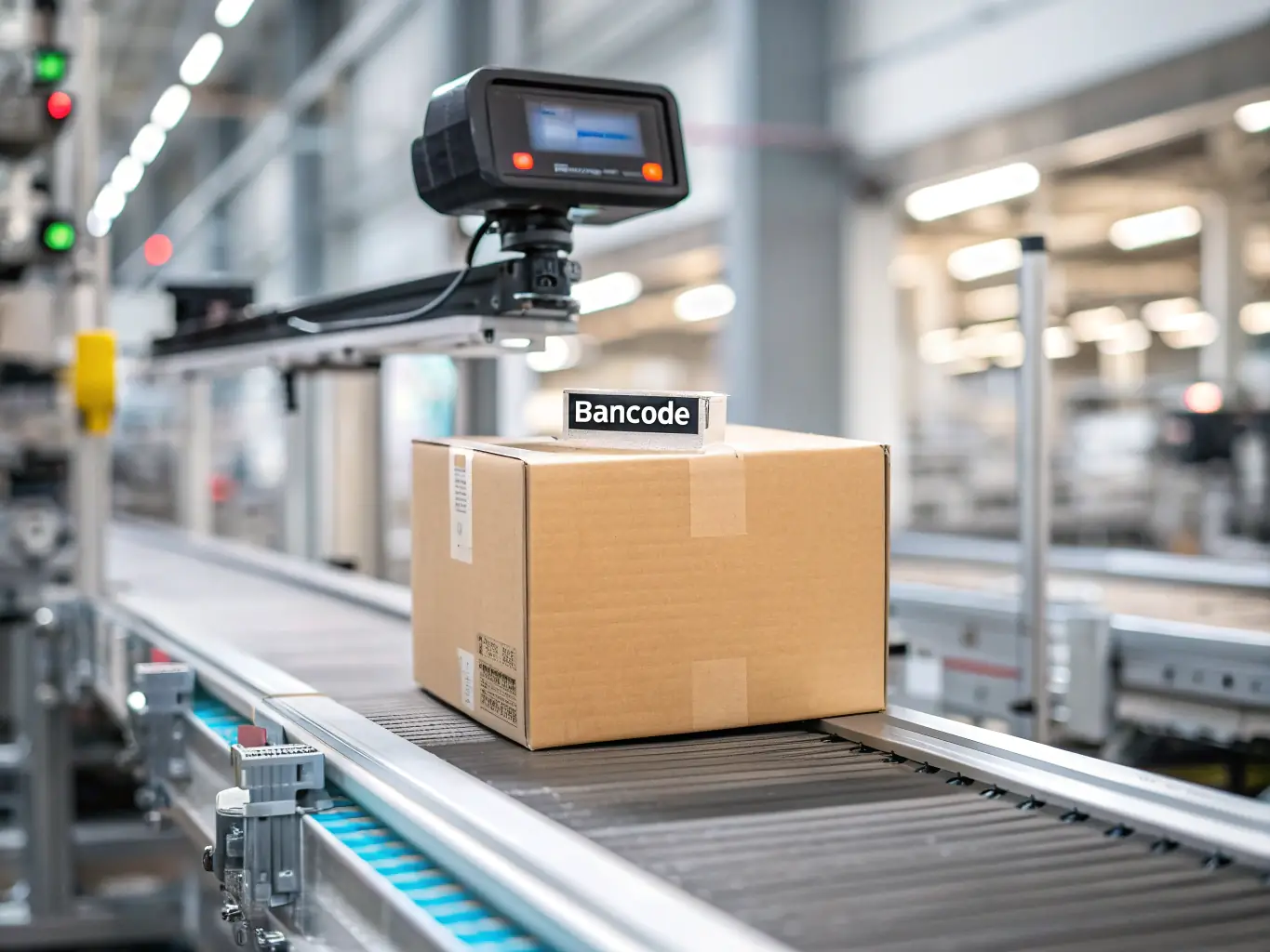 A close-up shot of a Phalcomatic branded package being scanned for fast delivery, with a blurred background of a busy shipping warehouse.